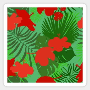 Hand drawn hibiscus, tropical leaves red and green pattern Sticker